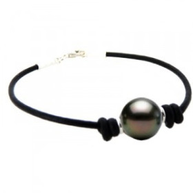 Bracelet  perle de Tahiti ronde sur lien cuir noir