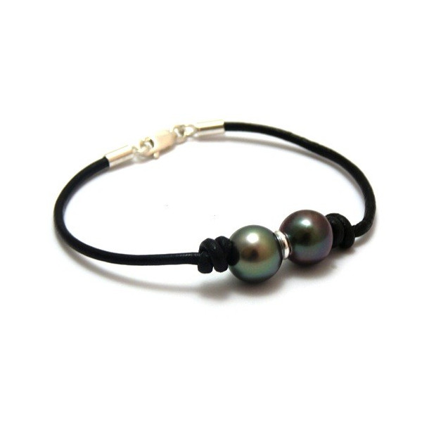 Bracelet perle de Tahiti ronde sur lien cuir noir