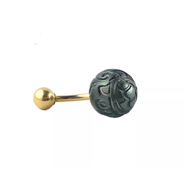 Piercing de ombligo de oro de 18 quilates con perla de Tahití grabada