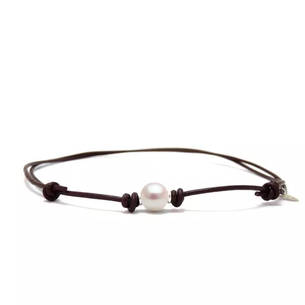 COLLECTION colliers cuir et perle blanche de culture d'eau douce