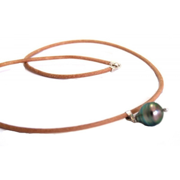 Leather and silver necklace with a Tahitian pearl - Poemana