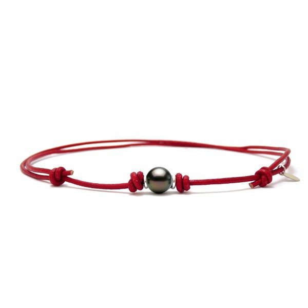 collier cuir rouge perle tahiti ronde