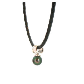 Collier cuir tressé perle de Tahiti avec pendentif argent