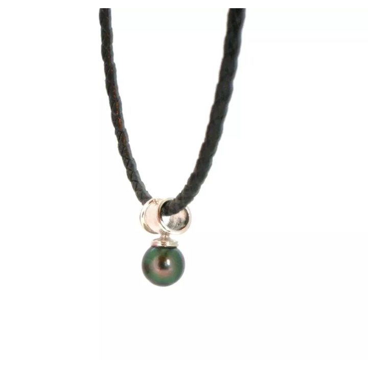 Collar de cuero trenzado con perla de Tahití redonda