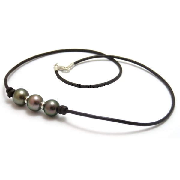 Collier cuir 3 perles de Tahiti ronde
