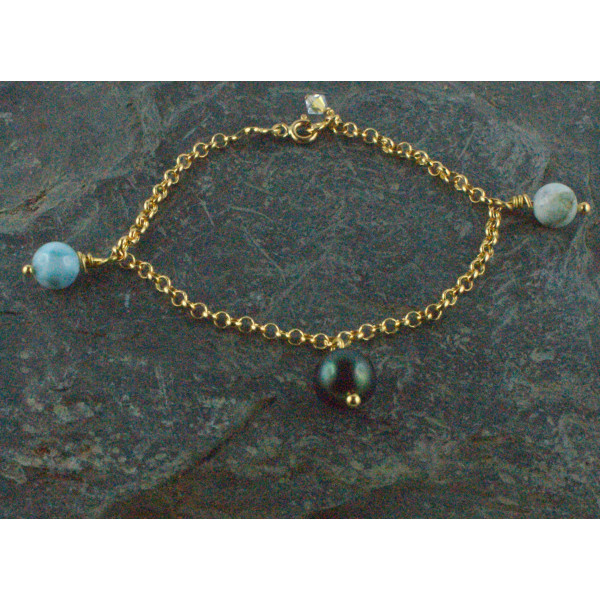 Bracelet 1 perle de Tahiti avec Larimar et noeuds en cuir