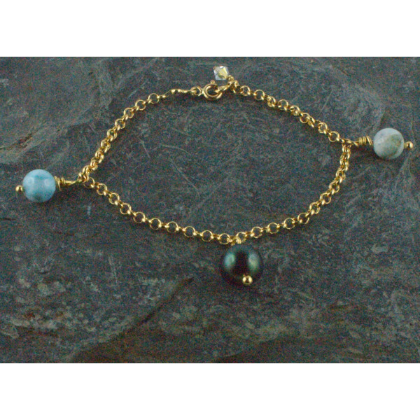 Bracelet 1 perle de Tahiti avec Larimar et noeuds en cuir