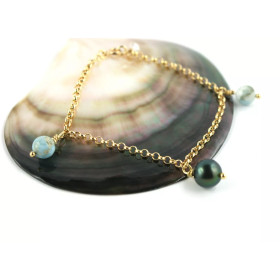 Bracelet en or avec perle de Tahiti et pierres Larimar - Poemana
