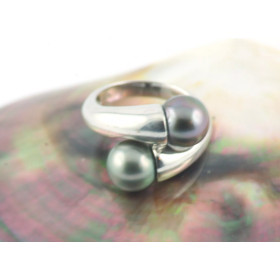 Duo Sterling silver ring with twin Tahitian pearls- Poemana