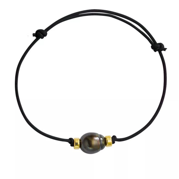 Black colored coton Tahitian pearl bracelet with gold ferrules