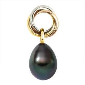  Three interlocked gold ring pendant with a pear shaped Tahitian pearl