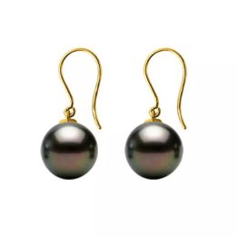 18k yellow gold hook earrings with round Tahitian pearls, 8 mm diameter, isolated on white background