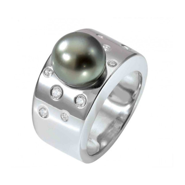 Hoani silver and zircon ring with a Tahitian pearl