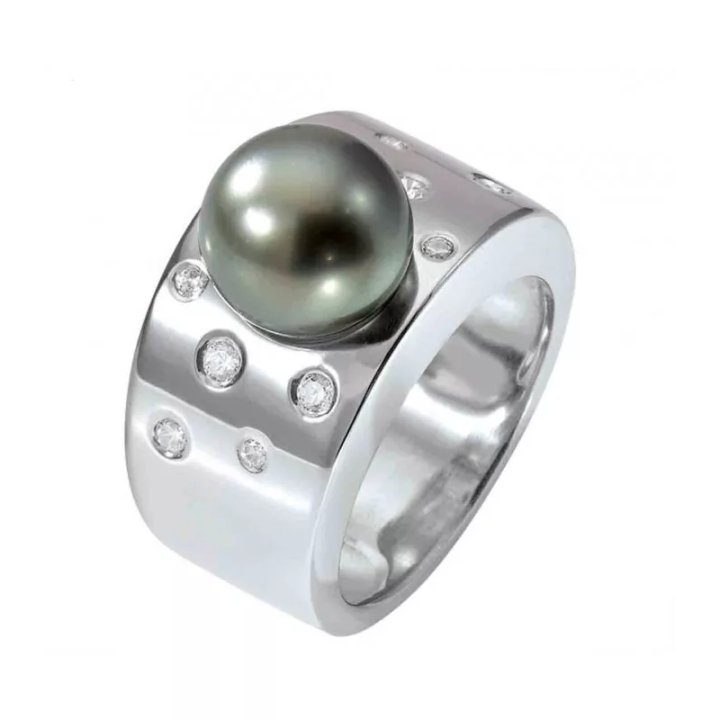 Anello Hoani in argento e zirconi con perla di Tahiti