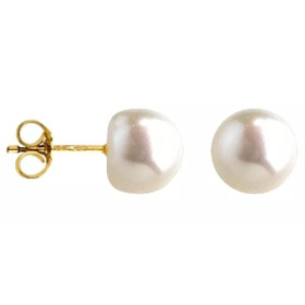 gold and button shaped white cultured pearl stud earrings - Poemana