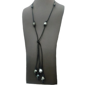 Collier Aratua cuir 6 perles de Tahiti cerclées