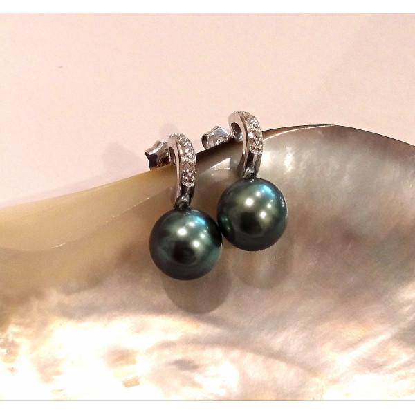 parure pendentif et boucles d'oreille avec véritables perles noires de  tahiti