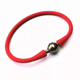 Bracelet Vent d'Ouest silicone rouge-red perle de Tahiti cerclée 10-11 mm