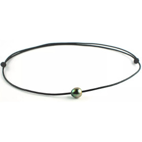 Collier coton ciré  perle de Tahiti cerclée 