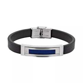 Bracelet en cuir noir et acier bleu Carric-Poemana