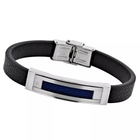 Bracelet en cuir noir et acier bleu Carric-Poemana