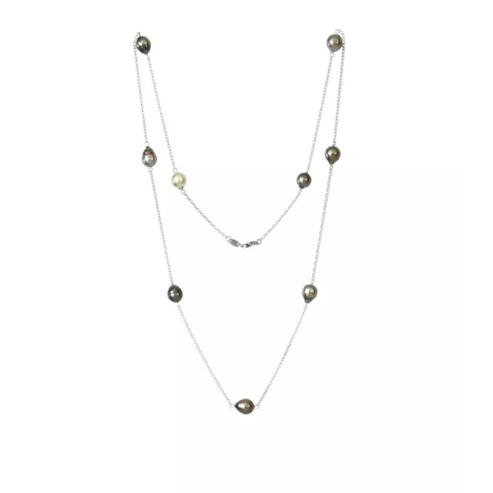 Collar largo de plata con perlas de Tahití con anillos