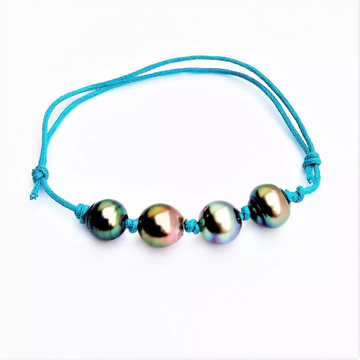 Pulseras de algodón Mamiti con 4 perlas de Tahití con anillos