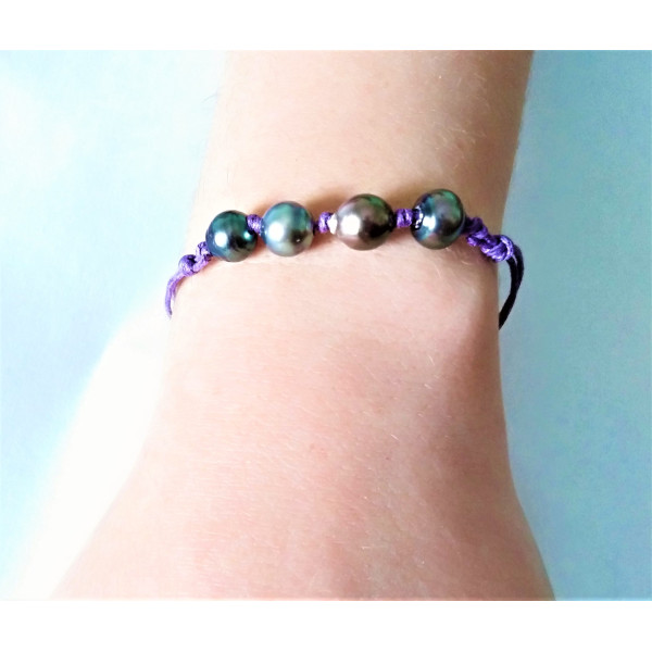 Bracelets coton violet 4 perles de Tahiti cerclées Mamiti