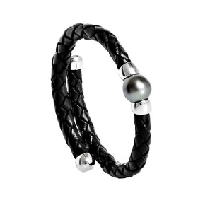 Bracelet Titan acier et cuir perle de Tahiti ronde