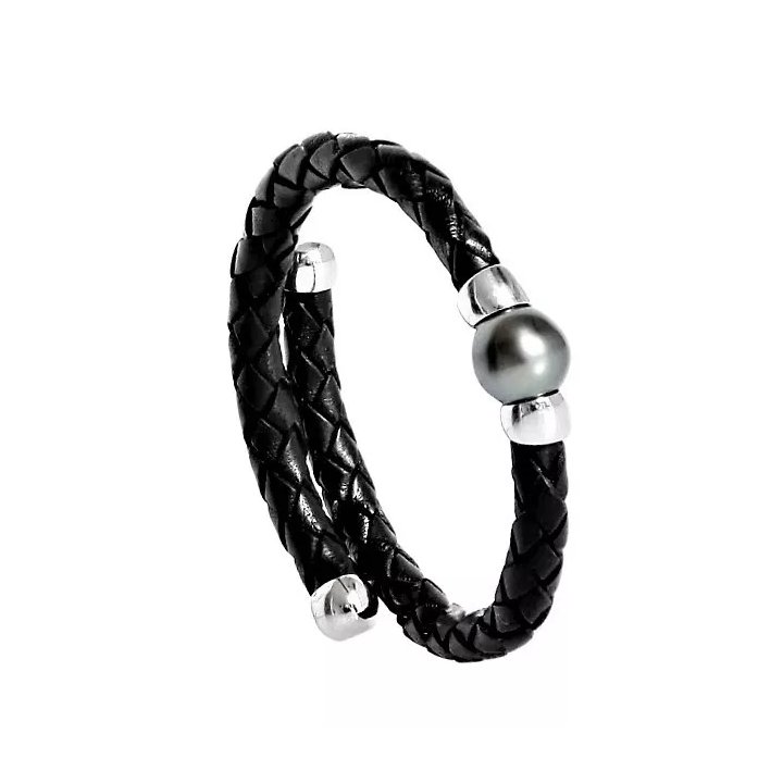 Armband Titan aus Stahl und Leder mit Circlé-Tahiti-Perle
