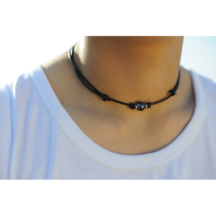Collar de algodón encerado con perla de Tahití redonda