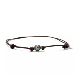 Collar de algodón encerado con perla de Tahití con anillos