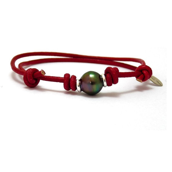 Bracelet cuir  rouge perle de Tahiti cerclée