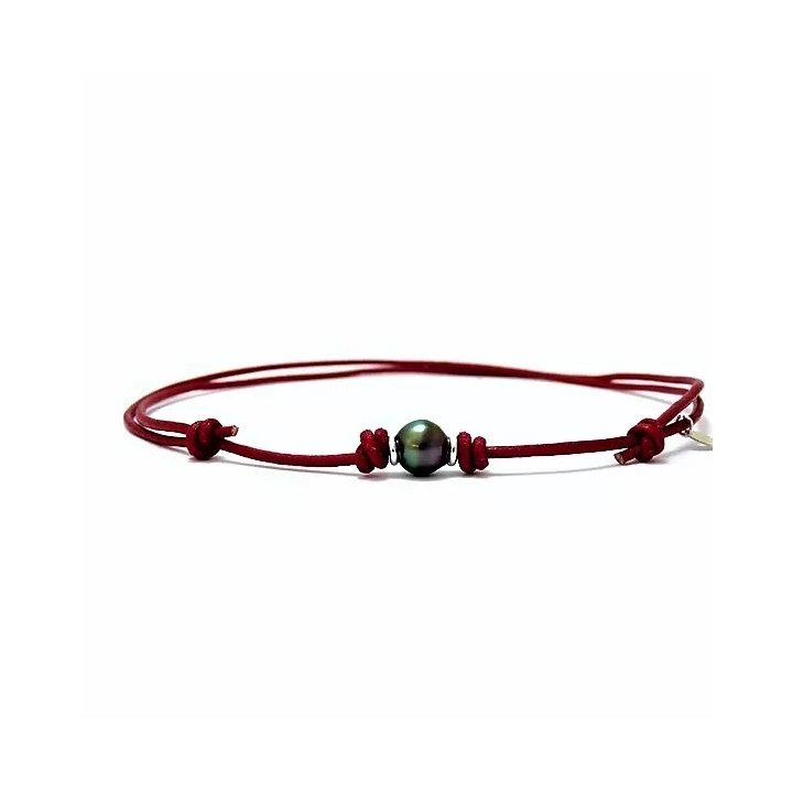 Collar de algodón encerado con perla de Tahití con anillos