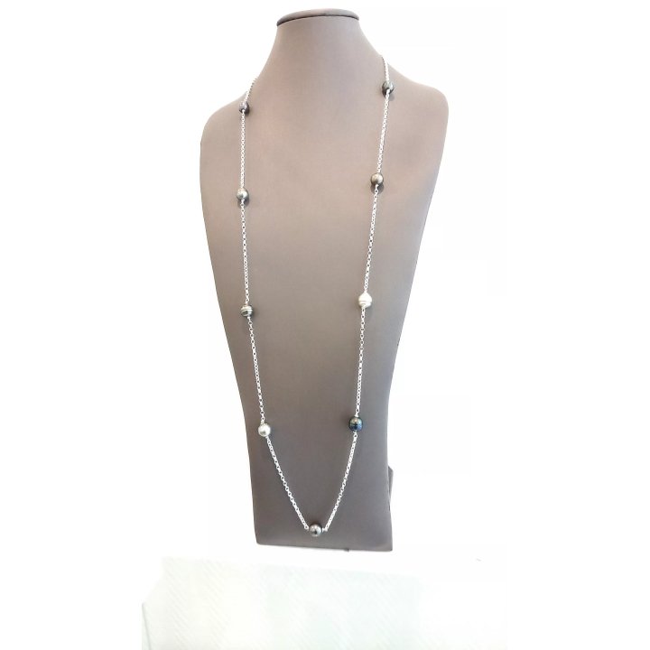 Collana lunga (sautoir) in argento con perle di Tahiti cerchiate