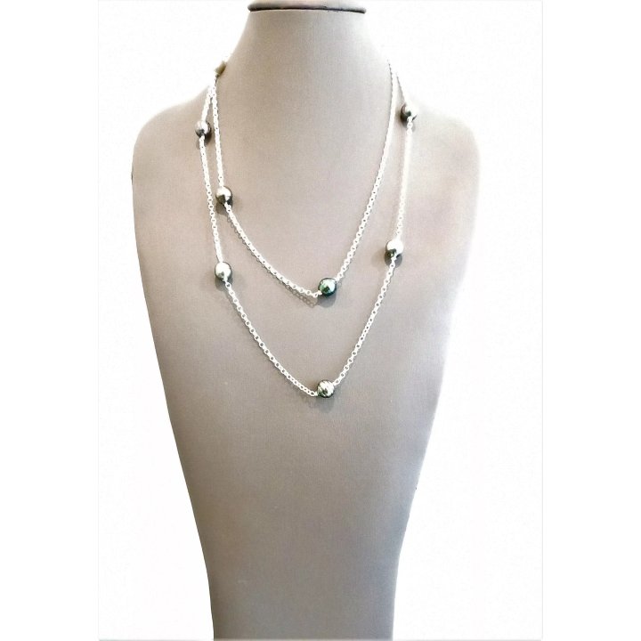 Collar largo de plata con perlas de Tahití con anillos