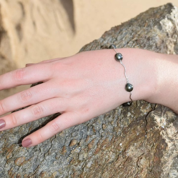 Pulsera Lysa de plata con perlas de Tahití con anillos