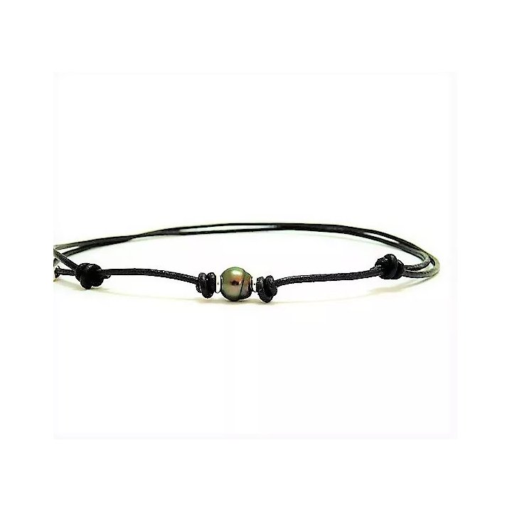 Collar de algodón encerado con perla de Tahití con anillos