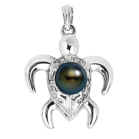 Turtle silver and Tahitian pearl pendant