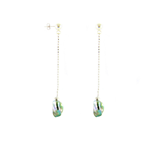Sterling silver hanging earrings with Keshi pearls.