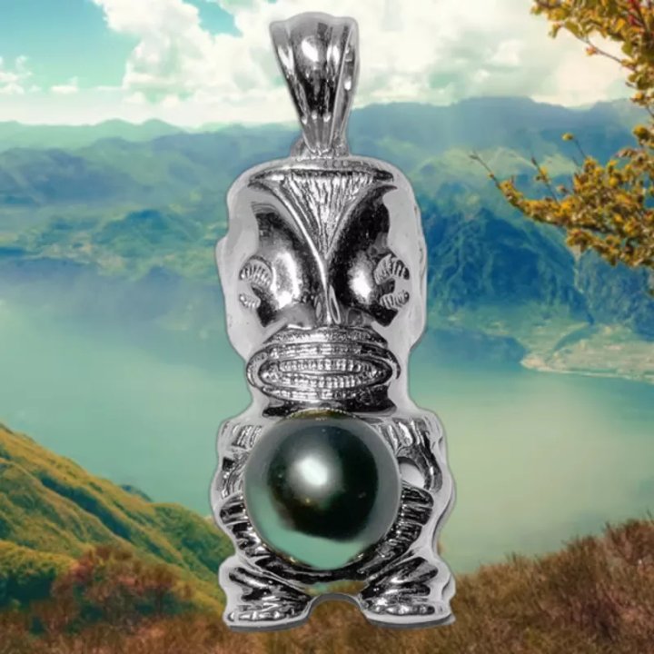 Colgante gran Tiki con perla de Tahití redonda
