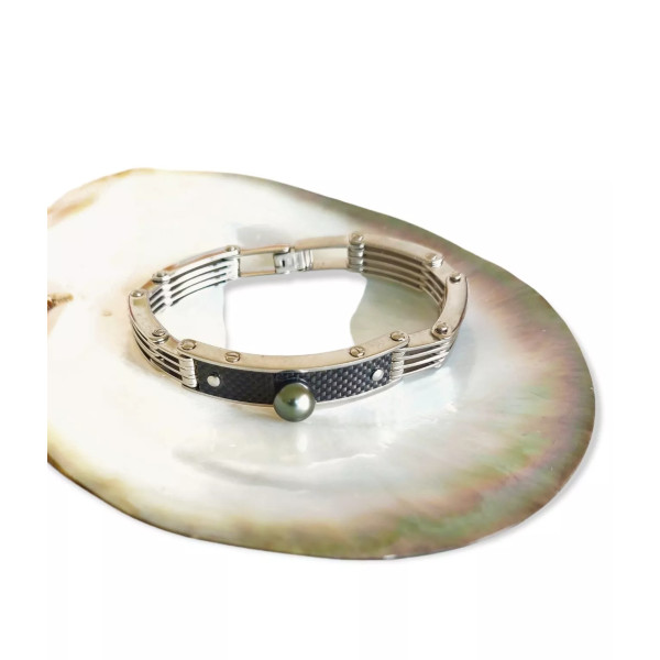 Stainless steel and Tahitian cultured pearl bracelet.