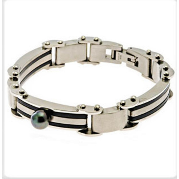 Stainless steel and Tahitian cultured pearl bracelet.