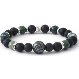 Pulsera con perla de Tahití grabada, ágata negra mate y ágata musgo