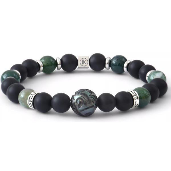 Bracelet perle de Tahiti gravée, Agate noire aspect dépoli et agate mousse