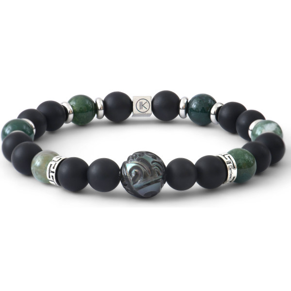 Engraved Tahitian pearl bracelet, frosted black agate and moss agate