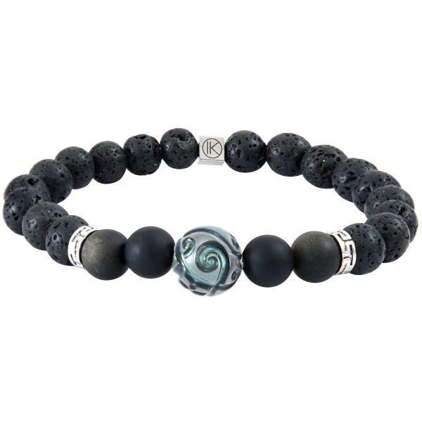 Engraved Tahitian pearl, golden obsidian and lava stone bracelet