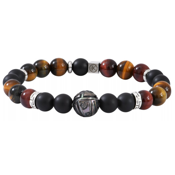 Bracelet perle de Tahiti gravée, Agate noire aspect dépoli et triple œil (taureau, tigre, faucon)