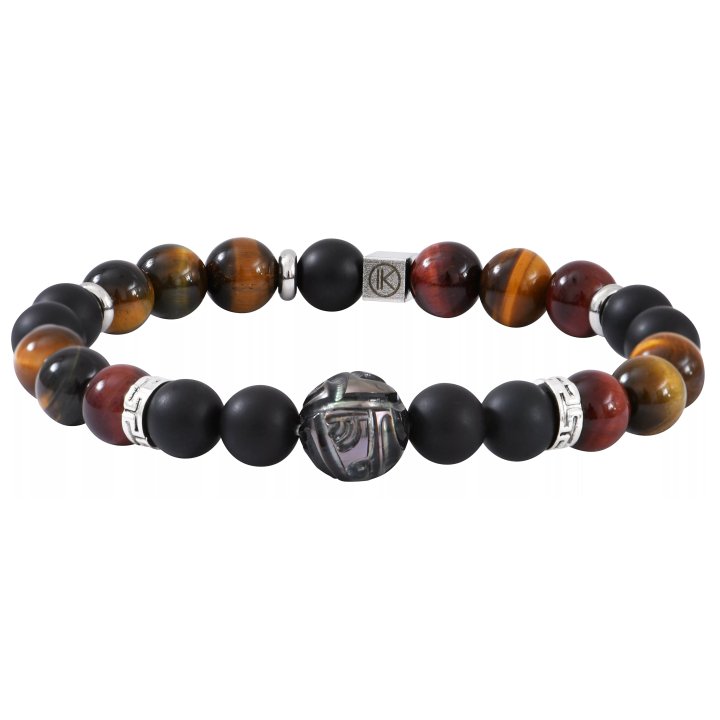 Pulsera con perla de Tahití grabada, ágata negra de acabado mate y triple ojo (toro, tigre, halcón)