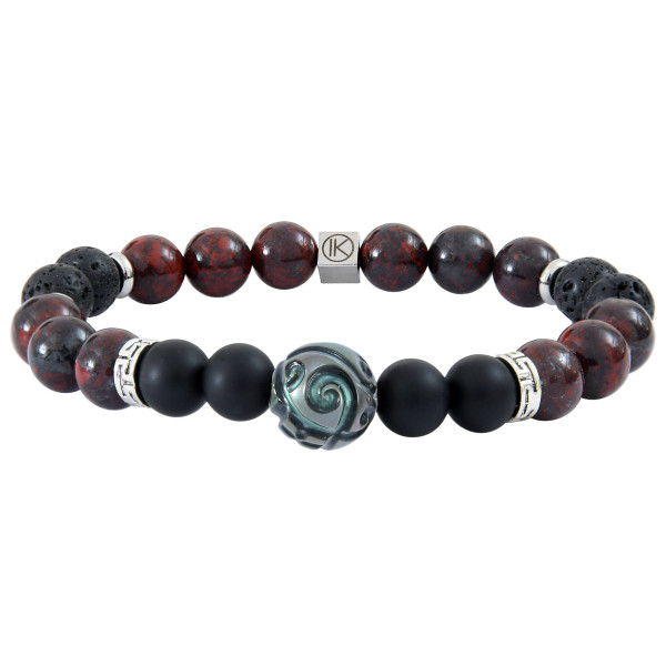 Bracelet perle de Tahiti gravée, Jaspe rouge, Agate noire et pierre de lave